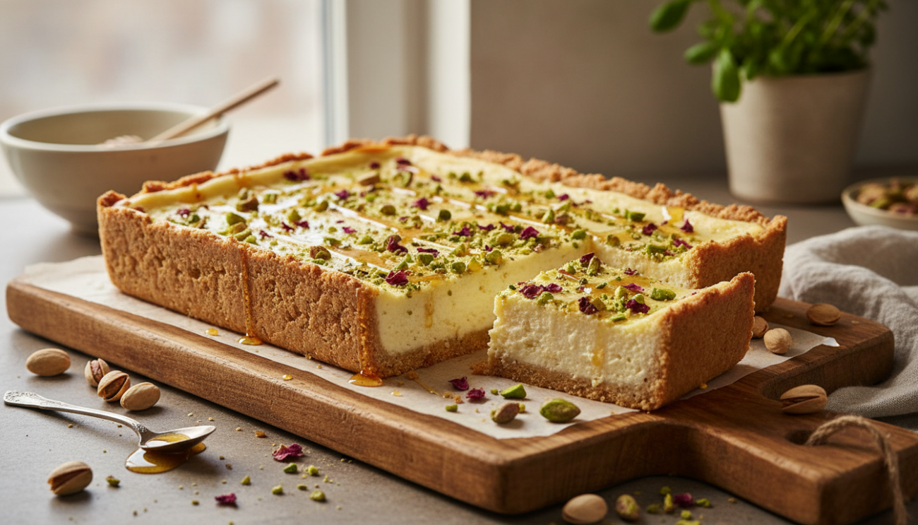 Sernik dubajski - przepis na viralowy hit z pistacjami i chrupiącym ciastem kataifi