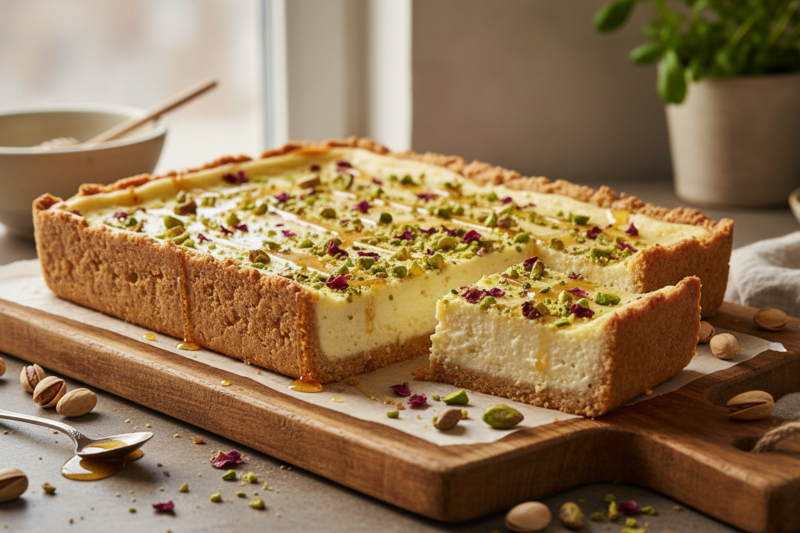 Sernik dubajski - przepis na viralowy hit z pistacjami i chrupiącym ciastem kataifi